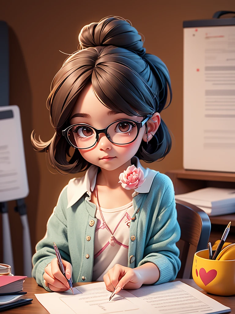 Cute young girl, wearing glasses, shoulder-length hair tied in a knot, writing on paper