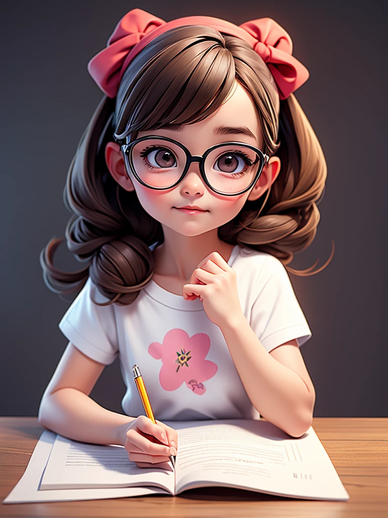 Cute young girl, wearing glasses, shoulder-length hair tied in a knot, writing on paper