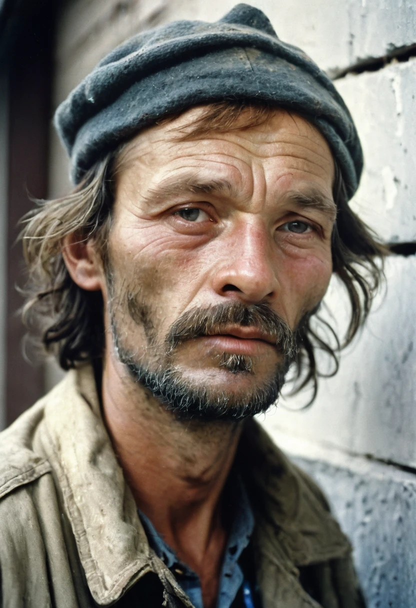 color photo. man 40 years old. Homeless, Alcoholic. Not a neat look, bad skin. Haggard look. Portrait photo against a white wall in the USSR 1980s Soviet photo