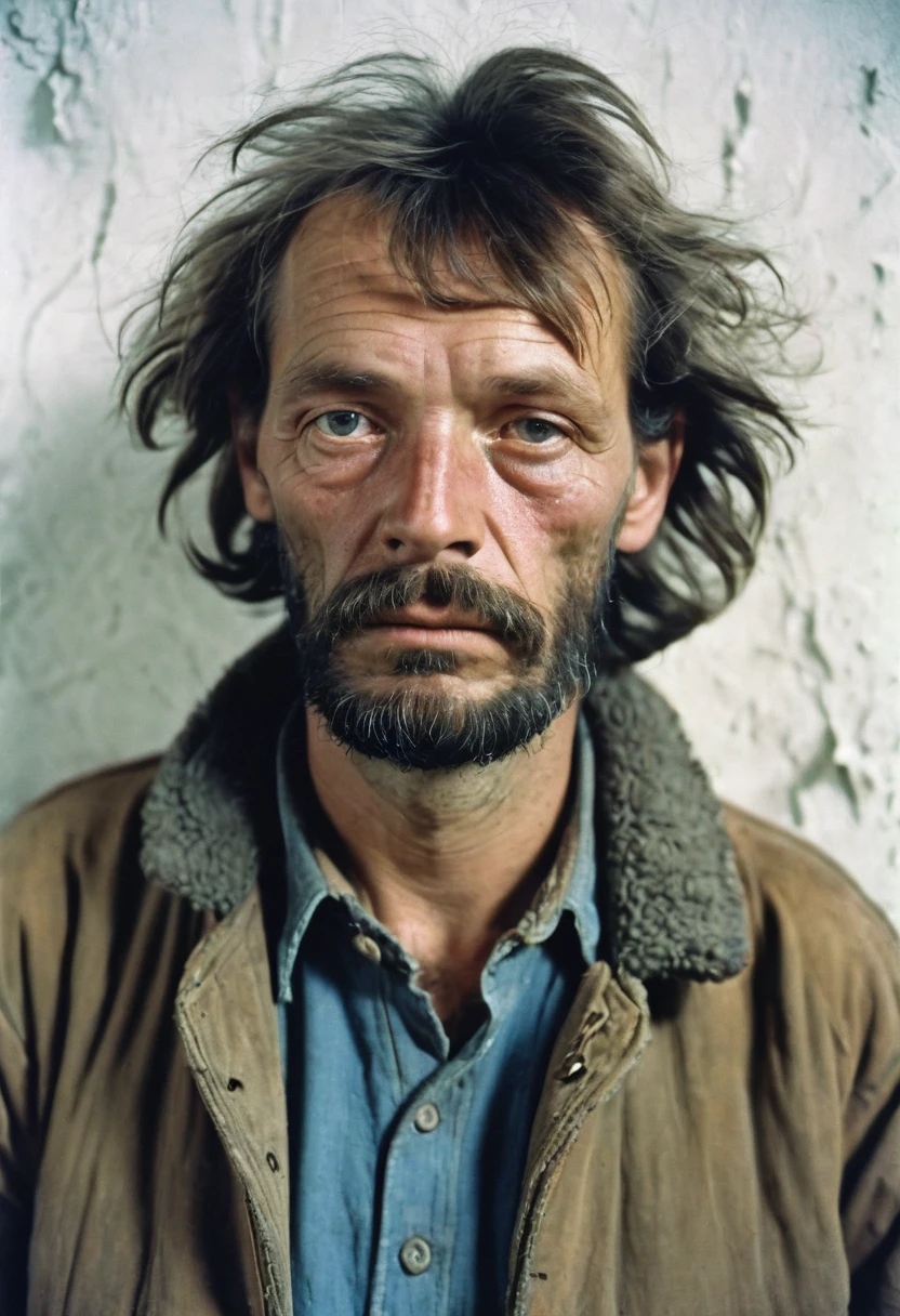 color photo. man 40 years old. Homeless, Alcoholic. Not a neat look, bad skin. Haggard look. Portrait photo against a white wall in the USSR 1980s Soviet photo