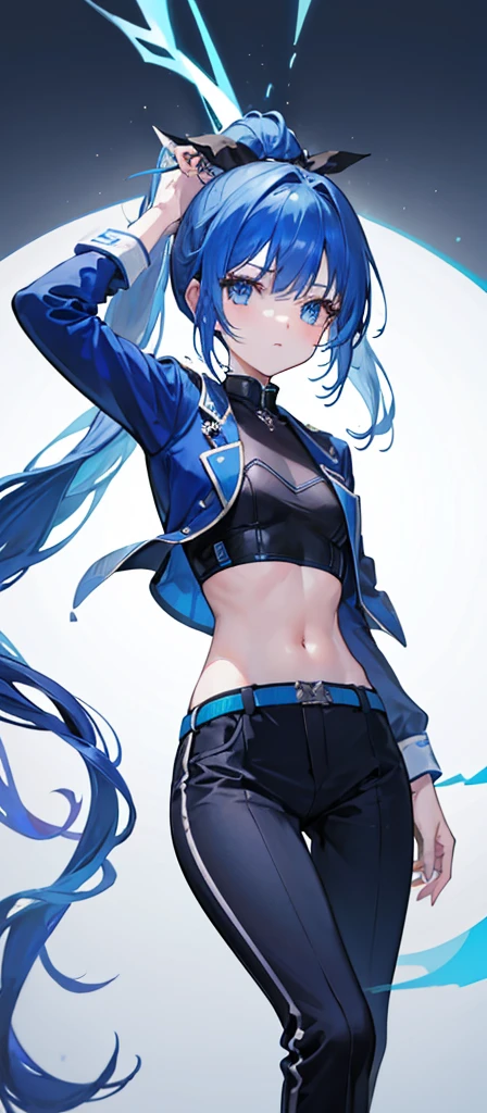 young boy, long blue hair, Fox ears, Green eyes, black skintight clothes, Shorts, open belly, Masterpiece, hiquality