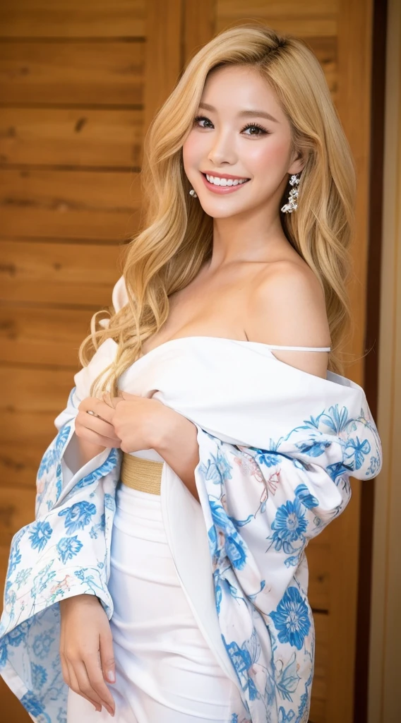 Surreal beautiful woman with blonde wavy hair and a big smile on her face.South Korea.Pure white off-shoulder low-cut kimono