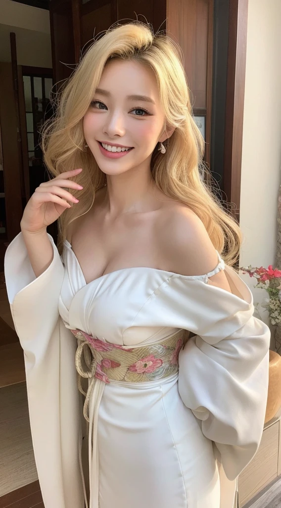 Surreal beautiful woman with blonde wavy hair and a big smile on her face.South Korea.Pure white off-shoulder low-cut kimono. full-body shot