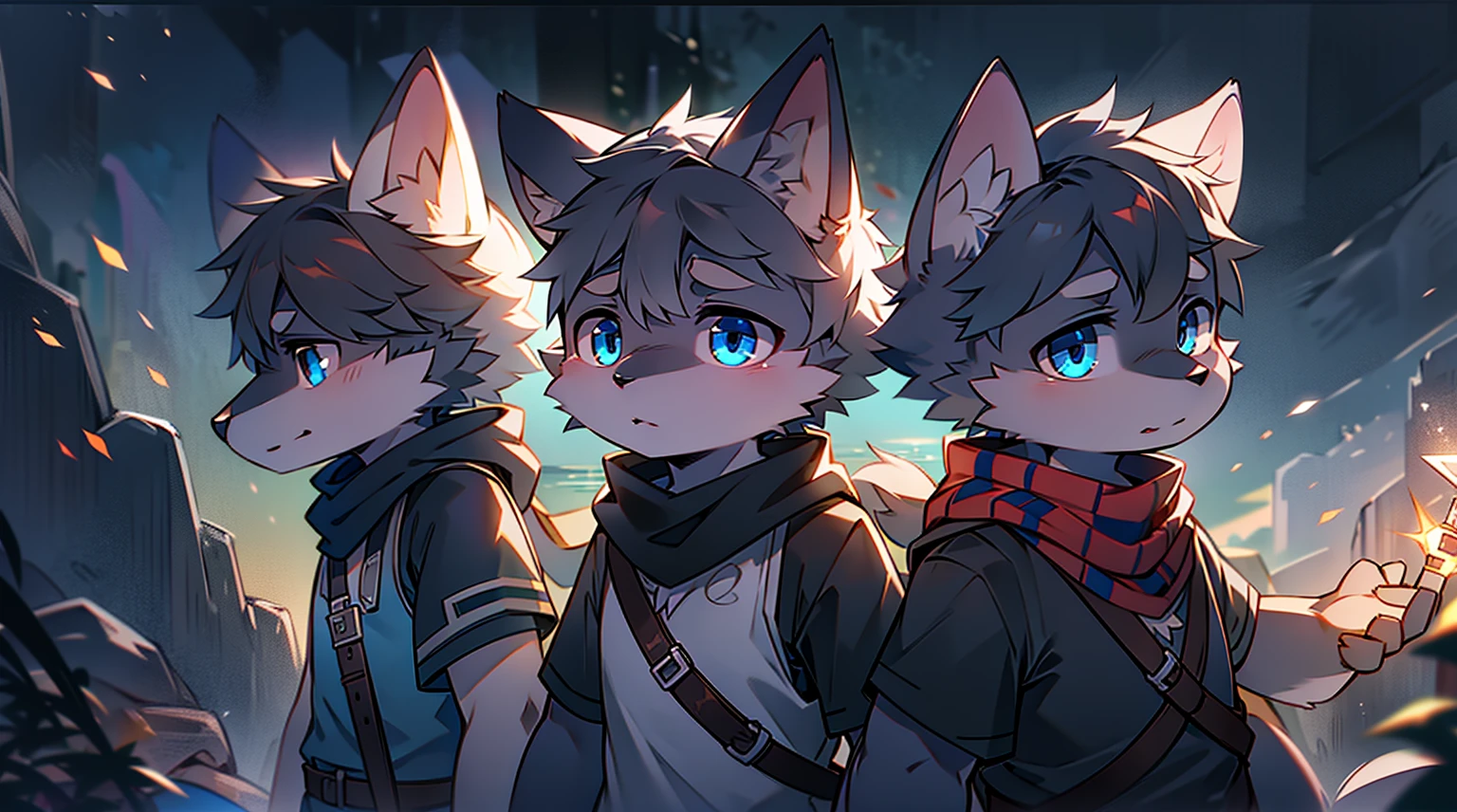Wolf,juvenile,male,Gray-black fur,Sky blue eyes,Black combat uniform,scarf,Holding a long sword,scabbard,Draw the Sword,Everlasting,only,dawn,illumination,rest,Break