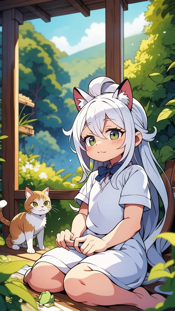 obra de arte, Excelente, 1 garota, cabelo branco, cabelo meio longo, orelhas de gato, looking at the audience, :3, Bonitinho, tissue, jaqueta, fundo branco, presa, alta qualidade, Ultra HD