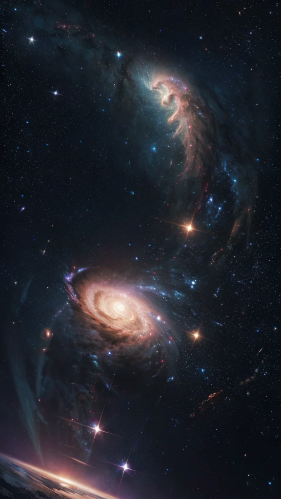 a sitting in the stars and reading a colored shining book, rainbow colored cosmic nebula sky background, stars, galaxies