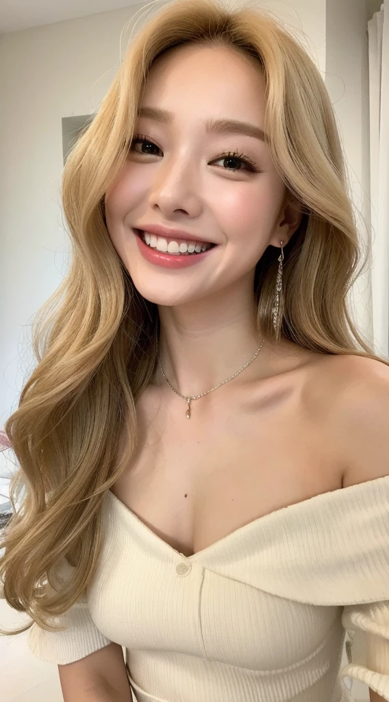 Surreal beautiful woman with blonde wavy hair and a big smile on her face.South Korea.Pure white off-shoulder low-cut dress.role play