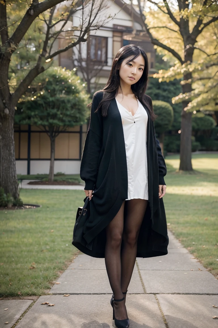1girl, Solo, One Japanese woman of about 25 years old, black long elegant hair style,  black eyes, cardigan, elegant dress, heels, black pantyhose ,park photography, whole body, body measurement 36-25-35, RAW Photography, 8k, , Masterpiece, Full Body Shooting, Top Quality, Fine Pore, Realistic, Photorealistic, Ultra Detailed