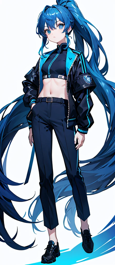 Girl,flat chest,Blue hair and eyes,High Ponytail,Dark blue long sleeves and jacket。trousers,Pure white background,Short stature。