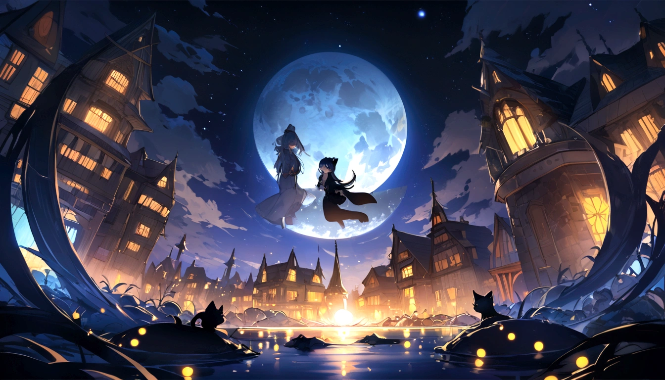 ((highest quality)), ((masterpiece)), detailed、(A black kitten with blue eyes、Looking at the big moon shining in the night sky)、home、Grimm fairy tale style