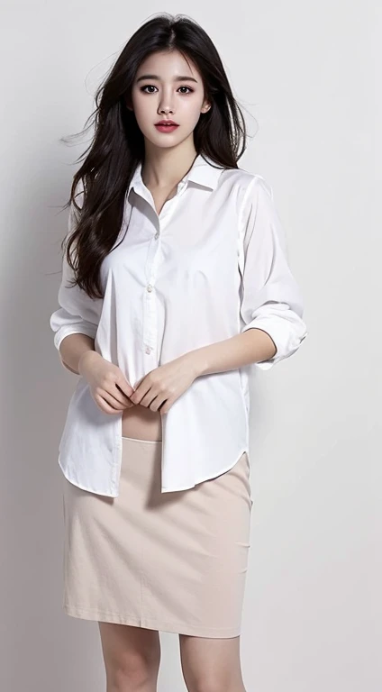 a white shirt, masterpiece, highest quality, no panties, 1 girl, photorealistic, solo, white background, black hair, long hair, absolute area, skirt, full body