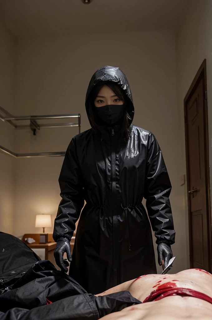 korean girl, (behind corpse, surgical mask), multiple girls, holding knife, stabbing, black raincoat, black gloves, hood up, room full of blood, black wet suit, holding knife, black gloves, behind corpse, blood splatter, short hair, night, mass murderer, robbery, in the hotel, light from the window, dark atmosphere, cinematic lighting, atmospheric realistic,