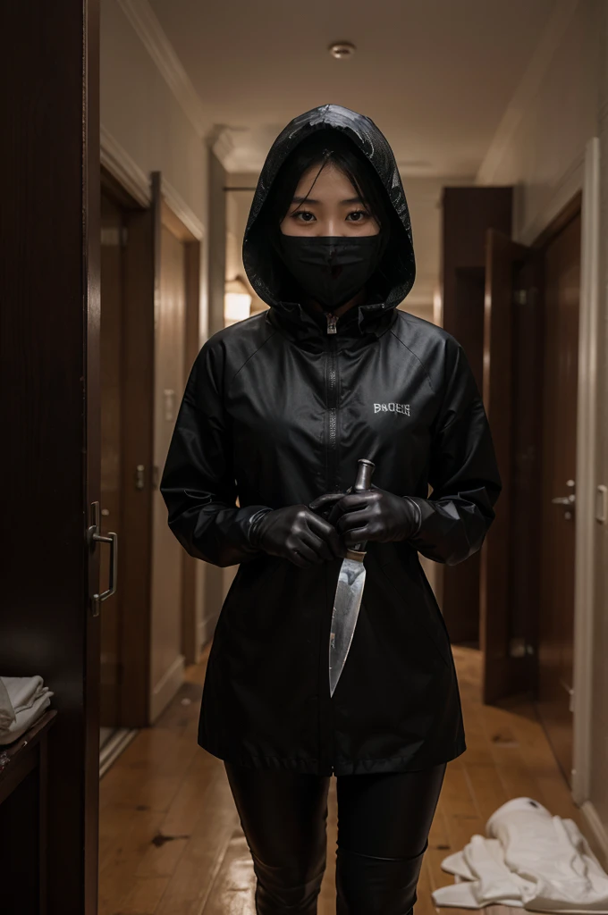 korean girl, (behind corpse, surgical mask), multiple girls, holding knife, stabbing, black raincoat, black gloves, hood up, room full of blood, black wet suit, holding knife, black gloves, behind corpse, blood splatter, short hair, night, mass murderer, robbery, in the house, dark atmosphere