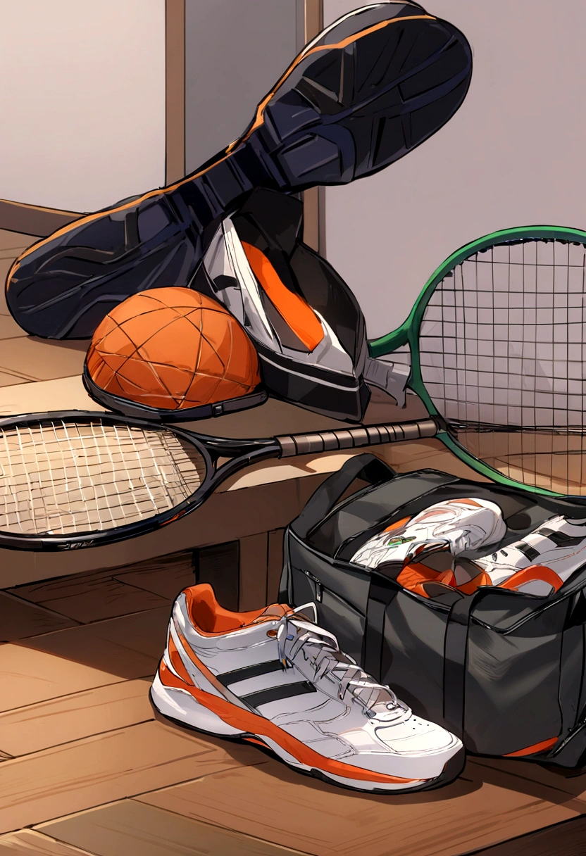  In one corner of the room was an open sports bag. Inside the bag was a badminton racket and some badminton rackets. It also looked like a pair of sports shoes