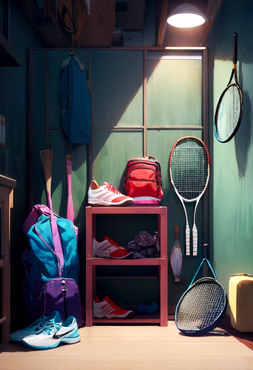 In one corner of the room was an open sports bag. Inside the bag was a badminton racket and some badminton rackets. It also looked like a pair of sports shoes