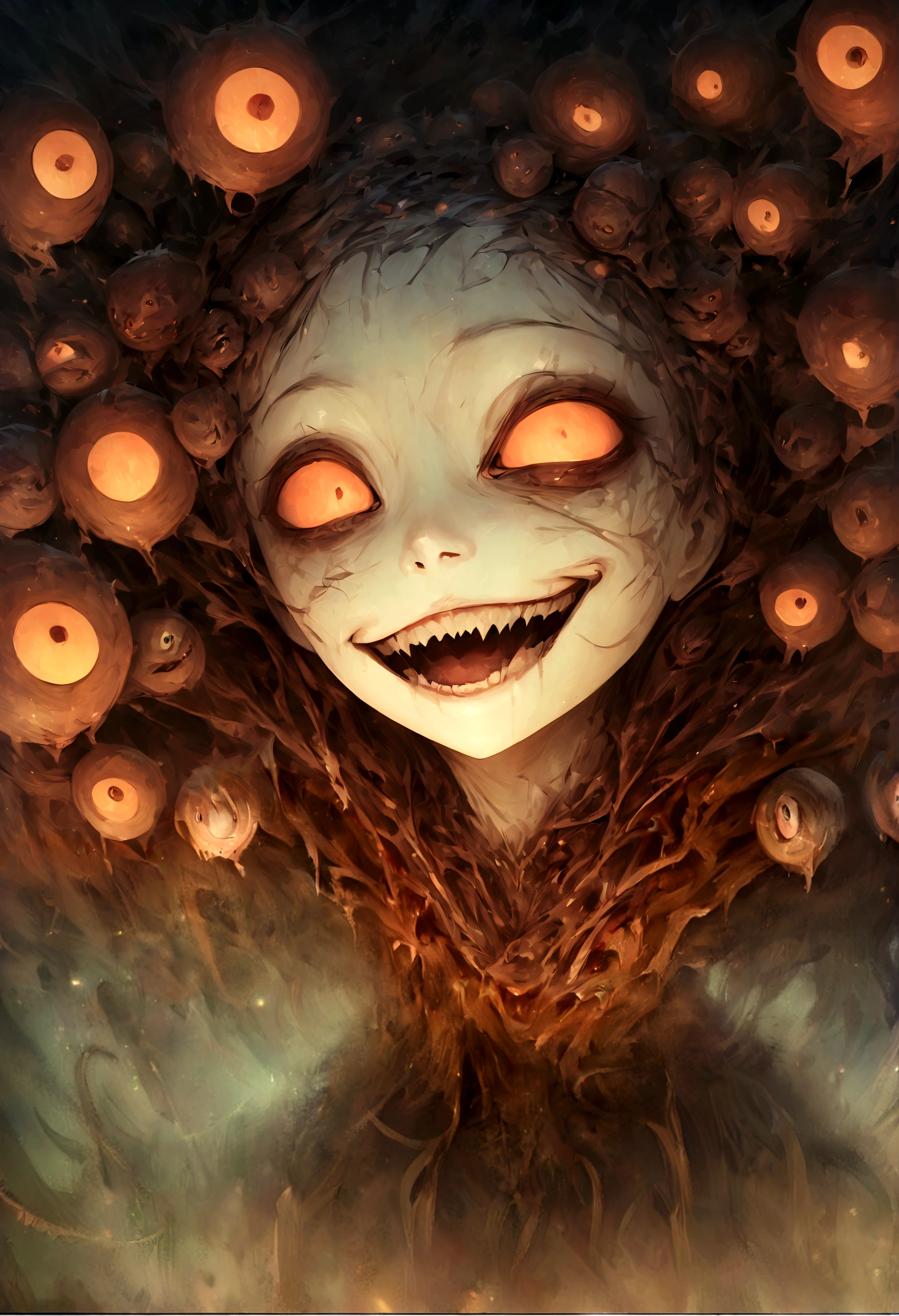 dark yellow deformed monstrous worms with deformed gore human face, yellow tentacles and bloody corpse, in the dark of the night, surrounded by dark yellow mist and tentacles, blood and darkness