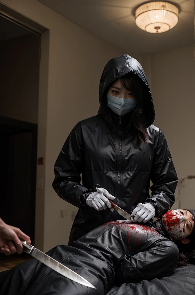 korean girl, (behind corpse, surgical mask), multiple girls, holding knife, stabbing, black raincoat, black gloves, hood up, room full of blood, black wet suit, holding knife, black gloves, behind corpse, blood splatter, short hair, night, mass murderer, robbery, in the hotel,