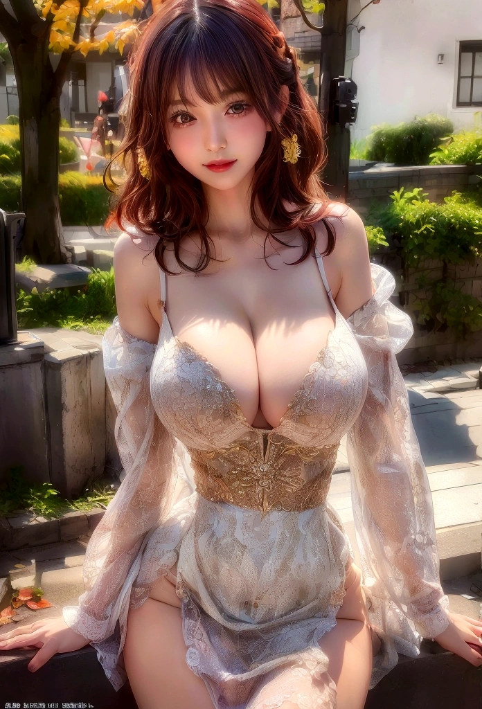 masutepiece, Best Quality, Illustration, Ultra-detailed, finely detail, hight resolution, 8K Wallpaper, Perfect dynamic composition, Beautiful detailed eyes, Autumn Women's Fashion,waved hair,huge tit、Natural Color Lip, Bold  poses,Smile,Harajuku、20 years girl、Cute、Sexyt looking at camera、up of face