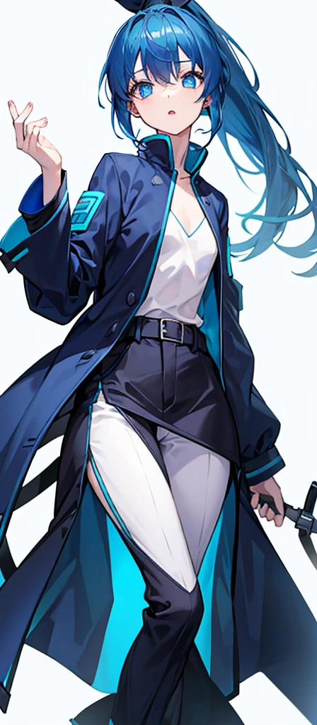 Girl，flat chest，Blue hair and eyes，High Ponytail，Dark blue long sleeves and jacket。trousers，Pure white background，Short stature。