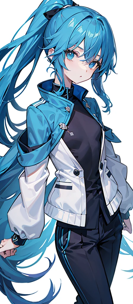 Girl，flat chest，Blue hair and eyes，High Ponytail，Dark blue long sleeves and jacket。trousers，Pure white background，Short stature。