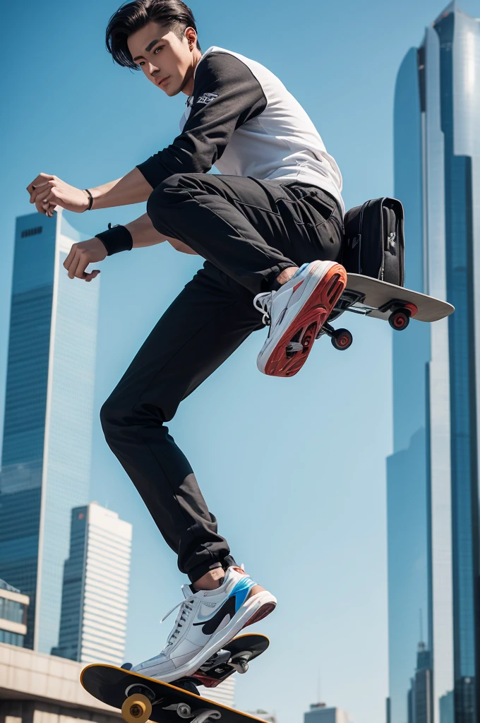A man on a flying skateboard. The background is a futuristic city. He is using retro clothes.