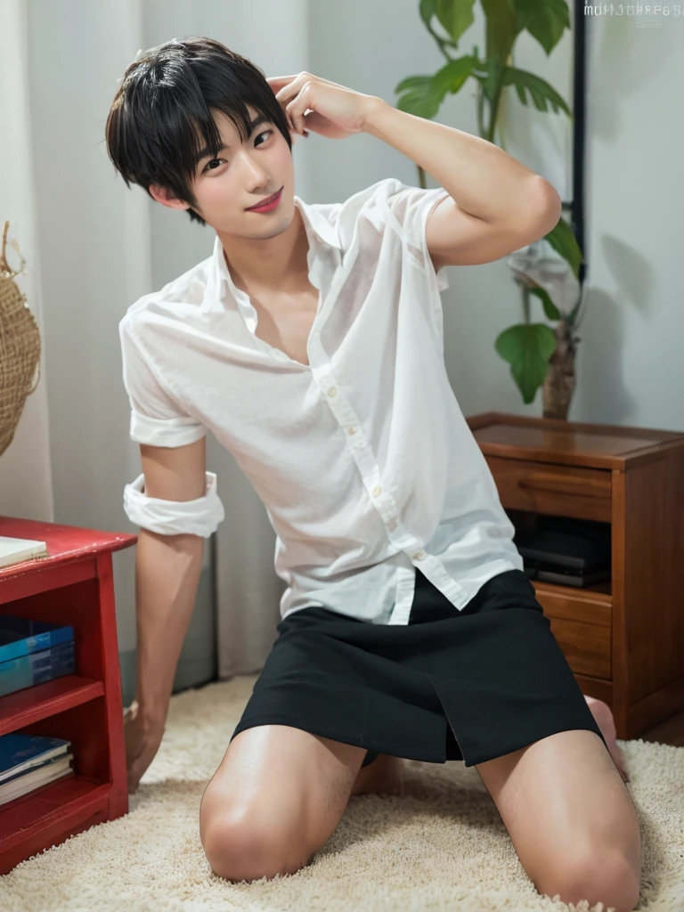 24 year old handsome man, good looking, beautiful boy, hairy, slim, fair skin, Japanese, barefoot, best quality, black skirt, white shirt, sexy pose, red lipstick 