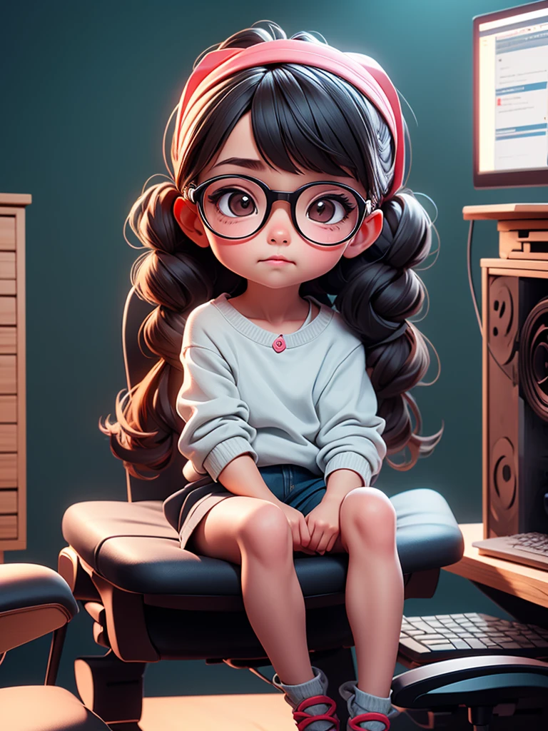 Cute young girl, wearing glasses, shoulder-length hair tied in a knot, sitting in front of a computer.