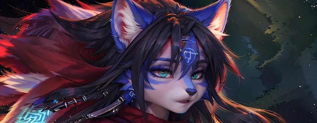A beautiful and detailed (sweet portrait) von ((Krystal)), Sternenfuchs Krystal, Schlank, liebenswert, green eyes, medium breasts, (((Lange blaue Haare 1.3))), ((schwarze haarspitzen)), Dekollete, Grinsen, hoch schauen,, anthro, Pelzig, Hochgeladen E621, detailed flauschige fur, (von Fluff-Kevlar, Bayard Wu, Personalami, Pino Daeni), detailliertes Gesicht, (flauschige), 1 girl, Allein, Stammes-Kleidung, sweet girl,