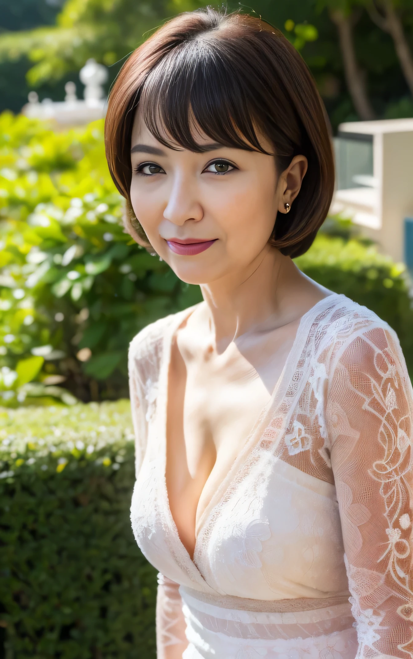 highest quality, masterpiece, High resolution, Realistic, RAW Photos, 8k wallpaper, perfection, ((One beautiful woman)), 50 years old, Sexy Woman, ((one piece)), Cleavage, ((Looking into the camera)), Detailed face, Beautiful Eyes, ((look forward to)), (Stand upright), garden, whole body, (Beautiful thighs), High heels, bangs, Shapely breasts, Straight hair, short hair, Plump and glossy lips, （light makeup）