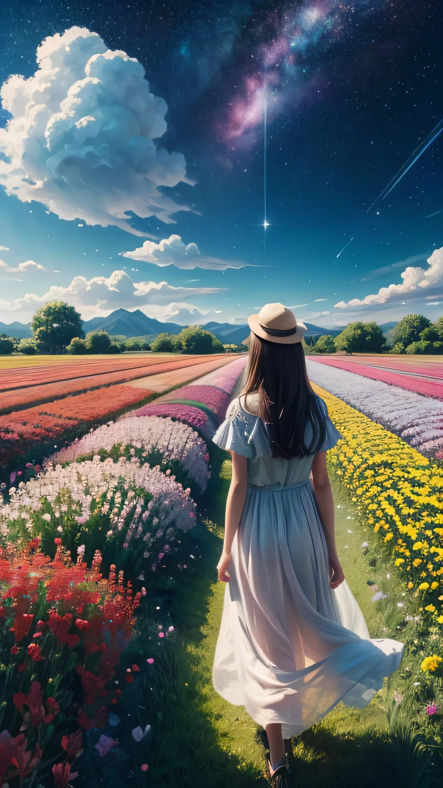 There is a girl Standing in a flower field looking up at the sky, a girl Standing in a flower field, Girl walking in a flower field, I was lost in a dream-like wonderland, Standing in a flower field, Amazing digital painting, The sky gradually cleared, The starry sky is gradually々moving away from  