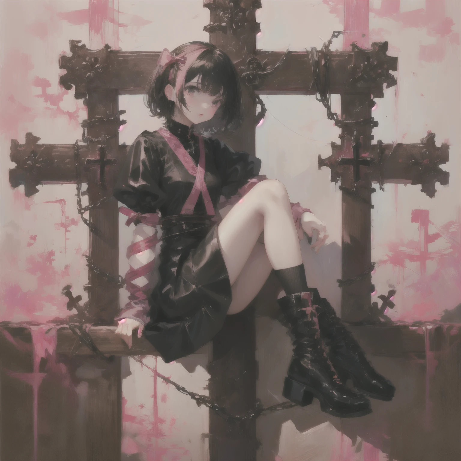 xuer the cross,1girl,solo,black hair,black footwear,ribbon,dress,looking at viewer,sitting,shoes,pink dress,realistic,pink ribbon,puffy sleeves,red lips,medium hair,socks,full body,short hair,latin cross,
