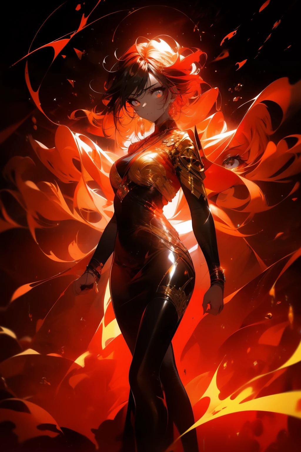 young woman, standing, Flamara, fiery aura, burning flames around her, intense gaze, warm lighting, outdoor background, torches and lanterns in the background, symbolic embers or sparks in the air, strong posture, dramatic pose, bright colors, warm tones, high contrast, detail on textures and flames