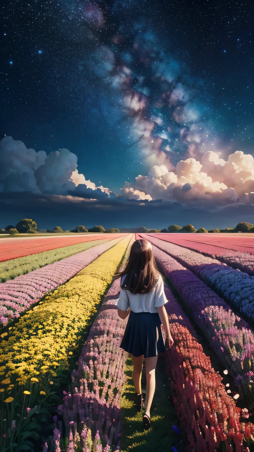 There is a girl Standing in a flower field looking up at the sky, a girl Standing in a flower field, Girl walking in a flower field, I was lost in a dream-like wonderland, Standing in a flower field, Amazing digital painting, The sky gradually cleared, The starry sky is gradually々moving away from  