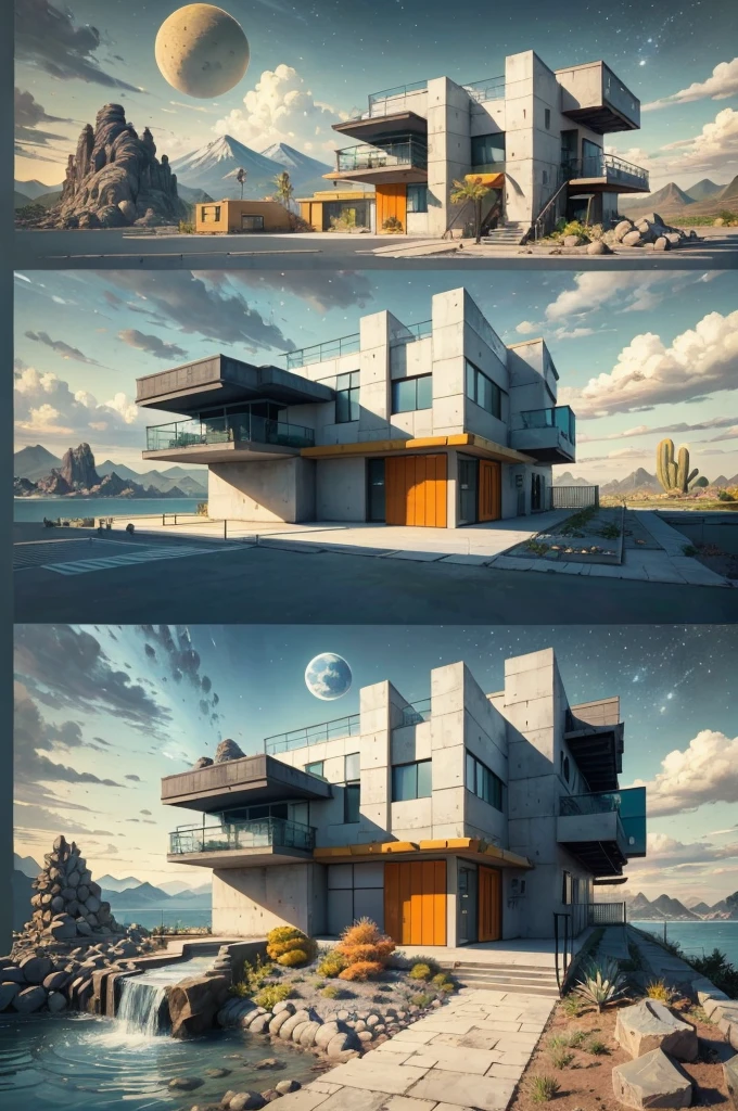 An illustration in collage style, with giant boulders, brutalist building sections, terraces, stairs, cacti, agave, concrete texture, multiple geometric shapes, hatch and cross hatching, planet saturn, volcano, moon, Luis Barragán's architectural style build, milky way galaxy, violet, one motorcycle, An illustration in collage style, with giant boulders, brutalist building sections, stairs, cacti, agave, concrete texture, multiple geometric shapes, hatch and cross hatching, planet saturn, volcano, moon, Luis Barragán's architectural style build, reflective pool, terraces. An elegant and modern build, in top of big boulders, with terraces, materials concrete, wood, steel and crystal, various gardens with tropical vegetation, cacti and rocks, stairs, a pool. In middle of sea, a big wave near, sunset, mountains and a volcano in the horizont, cute islands around, illustration format, cute color palette, detailed, masterpiece, award-winning work, clouds, Illustration, a garden with abundant cacti, ((various organic sculptures)), ((big rocks)), (((multiple sections))), collage style, detailed, (((color palette (olive green), (Mustard orange), cool grey, ((blue)), black and white))), (((a lot Luis barragán's architecture style builds))) big clouds, volcano in horizon, stairs, in the desert. ((masterpiece, best quality)),illustration,ultra detailed 8k, ((Ori Toor visual style)),soviet, megabuildings, megastructures, buildings, organic steel sculpture