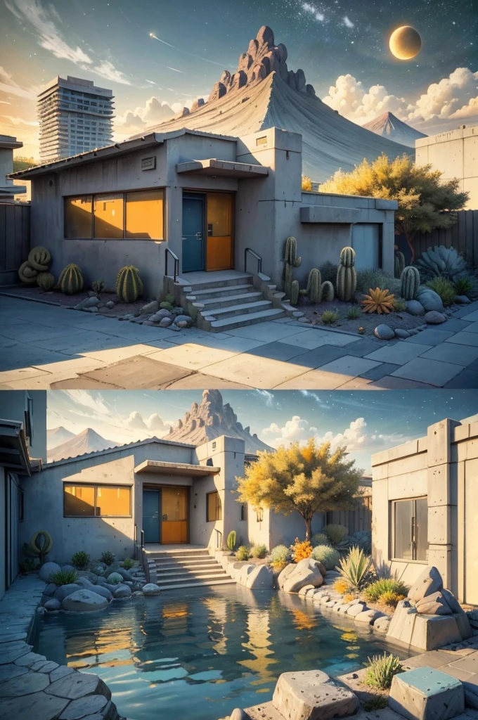 An illustration in collage style, with giant boulders, brutalist building sections, terraces, stairs, cacti, agave, concrete texture, multiple geometric shapes, hatch and cross hatching, planet saturn, volcano, moon, Luis Barragán's architectural style build, milky way galaxy, violet, one motorcycle, An illustration in collage style, with giant boulders, brutalist building sections, stairs, cacti, agave, concrete texture, multiple geometric shapes, hatch and cross hatching, planet saturn, volcano, moon, Luis Barragán's architectural style build, reflective pool, terraces. An elegant and modern build, in top of big boulders, with terraces, materials concrete, wood, steel and crystal, various gardens with tropical vegetation, cacti and rocks, stairs, a pool. In middle of sea, a big wave near, sunset, mountains and a volcano in the horizont, cute islands around, illustration format, cute color palette, detailed, masterpiece, award-winning work, clouds, Illustration, a garden with abundant cacti, ((various organic sculptures)), ((big rocks)), (((multiple sections))), collage style, detailed, (((color palette (olive green), (Mustard orange), cool grey, ((blue)), black and white))), (((a lot Luis barragán's architecture style builds))) big clouds, volcano in horizon, stairs, in the desert. ((masterpiece, best quality)),illustration,ultra detailed 8k, ((Ori Toor visual style)),soviet, megabuildings, megastructures, buildings, organic steel sculpture