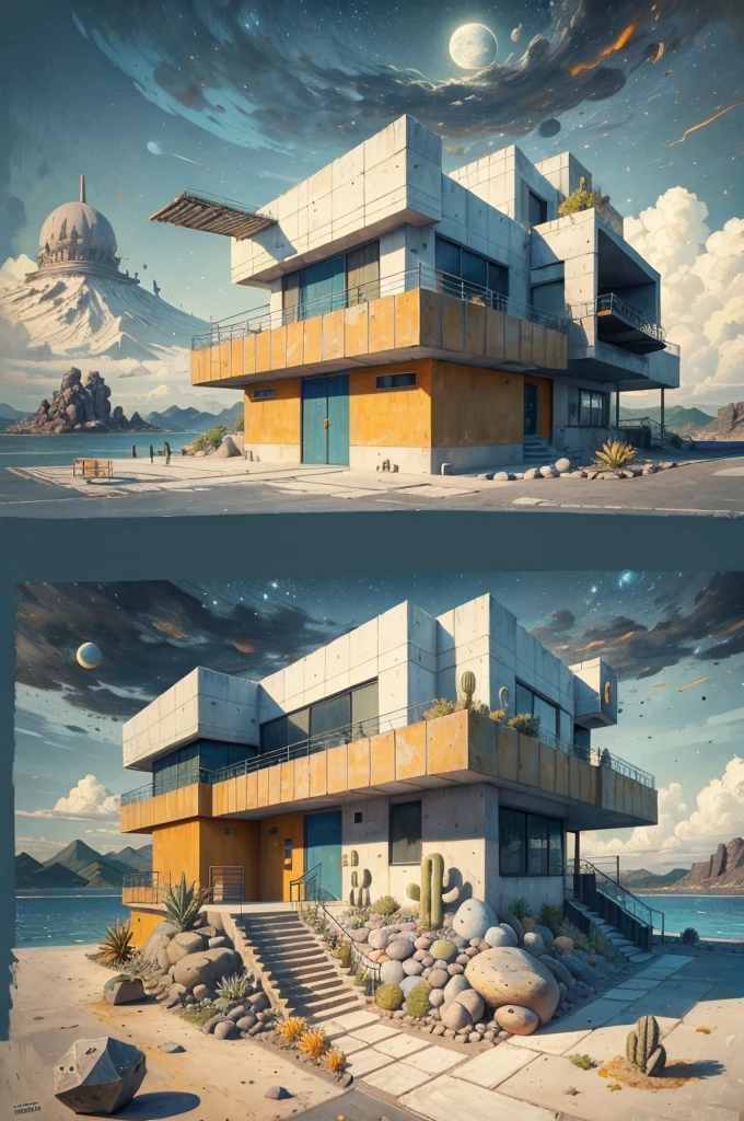 An illustration in collage style, with giant boulders, brutalist building sections, terraces, stairs, cacti, agave, concrete texture, multiple geometric shapes, hatch and cross hatching, planet saturn, volcano, moon, Luis Barragán's architectural style build, milky way galaxy, violet, one motorcycle, An illustration in collage style, with giant boulders, brutalist building sections, stairs, cacti, agave, concrete texture, multiple geometric shapes, hatch and cross hatching, planet saturn, volcano, moon, Luis Barragán's architectural style build, reflective pool, terraces. An elegant and modern build, in top of big boulders, with terraces, materials concrete, wood, steel and crystal, various gardens with tropical vegetation, cacti and rocks, stairs, a pool. In middle of sea, a big wave near, sunset, mountains and a volcano in the horizont, cute islands around, illustration format, cute color palette, detailed, masterpiece, award-winning work, clouds, Illustration, a garden with abundant cacti, ((various organic sculptures)), ((big rocks)), (((multiple sections))), collage style, detailed, (((color palette (olive green), (Mustard orange), cool grey, ((blue)), black and white))), (((a lot Luis barragán's architecture style builds))) big clouds, volcano in horizon, stairs, in the desert. ((masterpiece, best quality)),illustration,ultra detailed 8k, ((Ori Toor visual style)),soviet, megabuildings, megastructures, buildings, organic steel sculpture