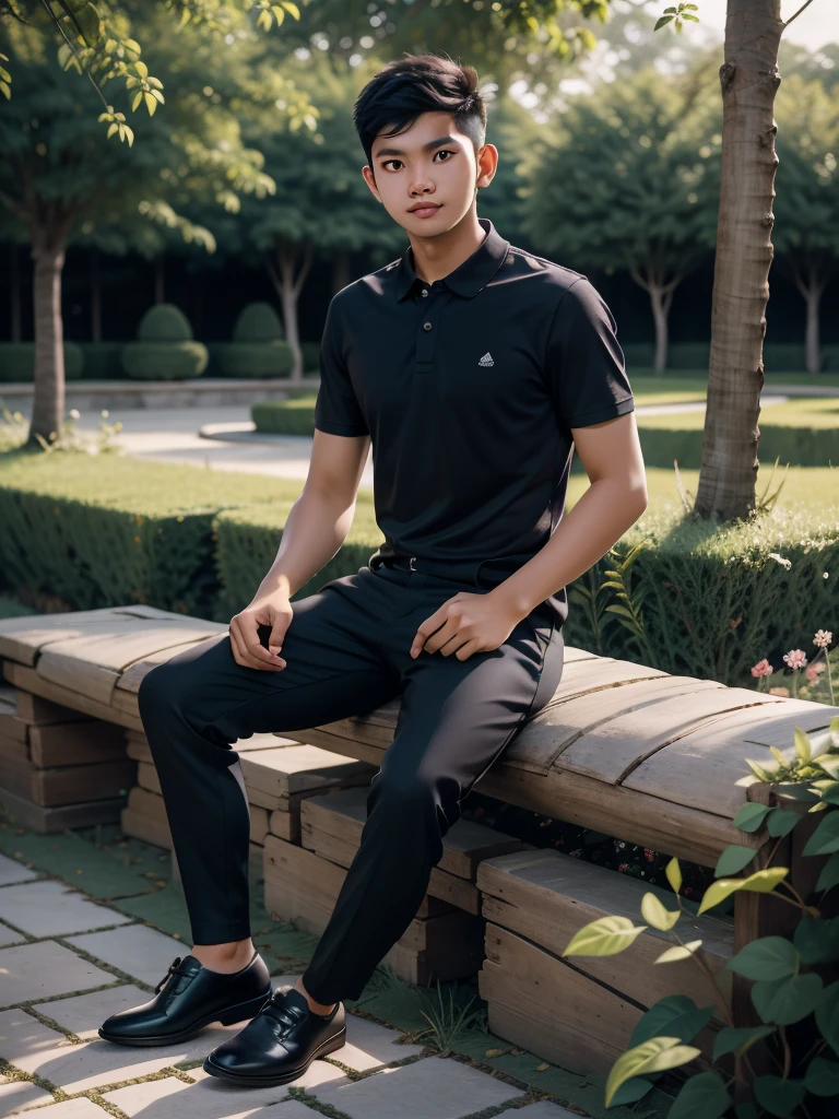 A portrait of a young Indonesian man with short hair, wearing a black polo shirt, black trousers, and black shoes. Sitting in a serene rustic garden, he creates a calm and elegant atmosphere. The simplicity of his attire blends perfectly with the natural beauty of the garden, resulting in a captivating photo.