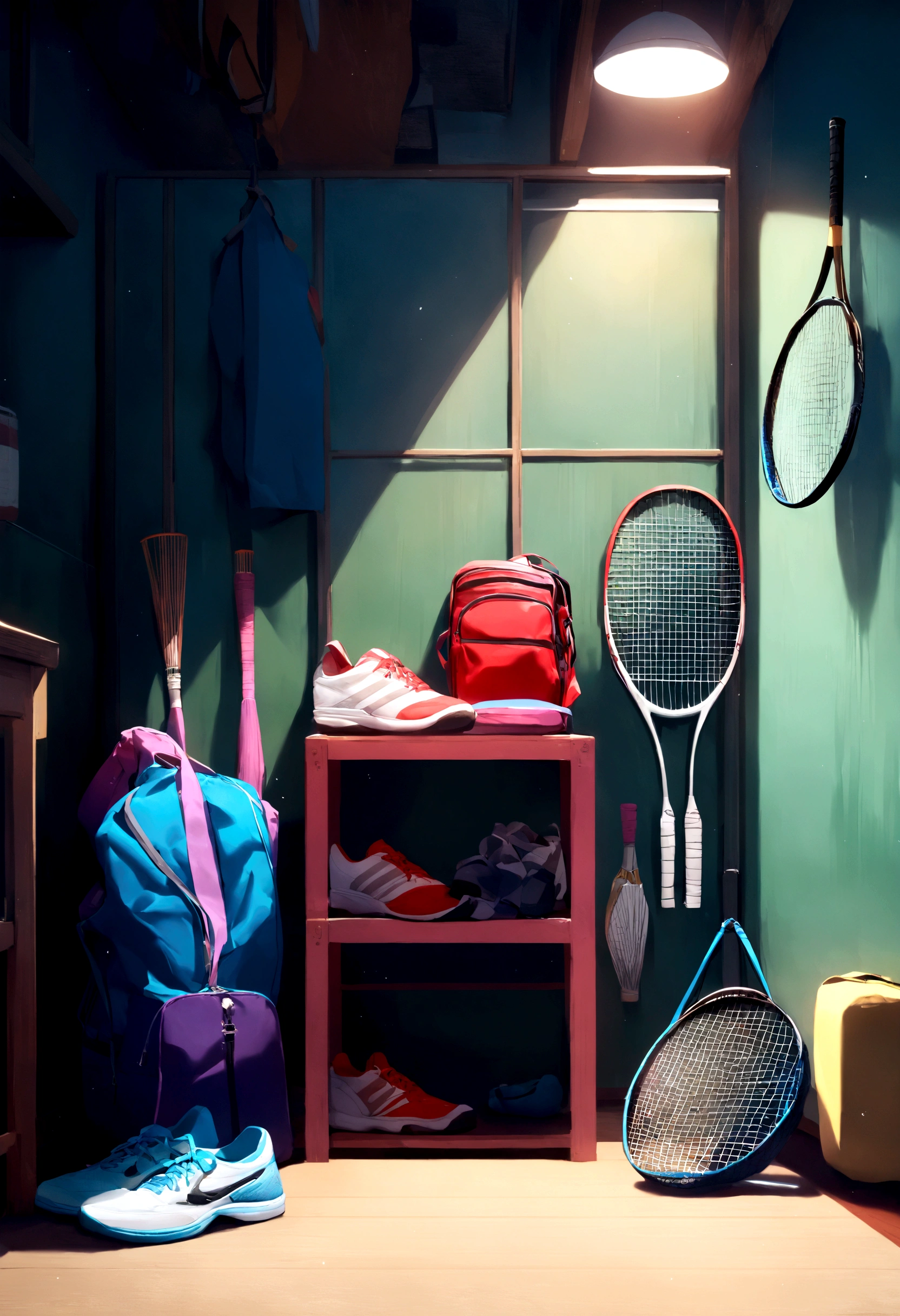 In one corner of the room was an open sports bag. Inside the bag was a badminton racket and some badminton rackets. It also looked like a pair of sports shoes