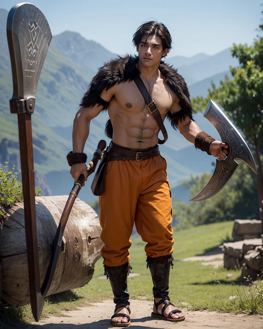 Youth with short black hair and brown eyes, fair skin and clean-shaven, dressed in short orange medieval barbarian fur tunic and trousers, weilding giant axe, sandals; fullbody; short hair, masculine, athletic