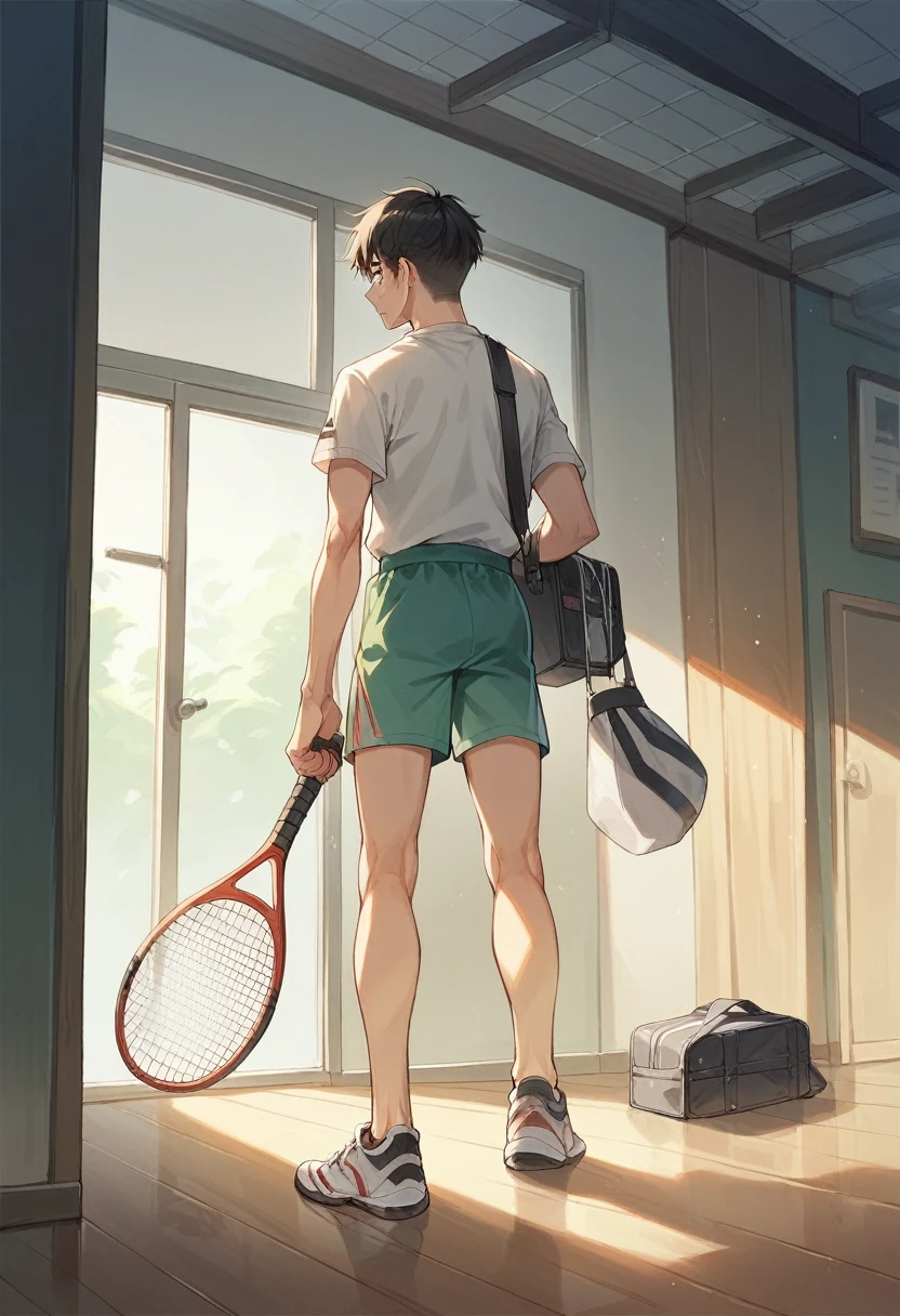 In one corner of the room was an open sports bag. Inside the bag was a badminton racket and some badminton rackets. It also looked like a pair of sports shoes