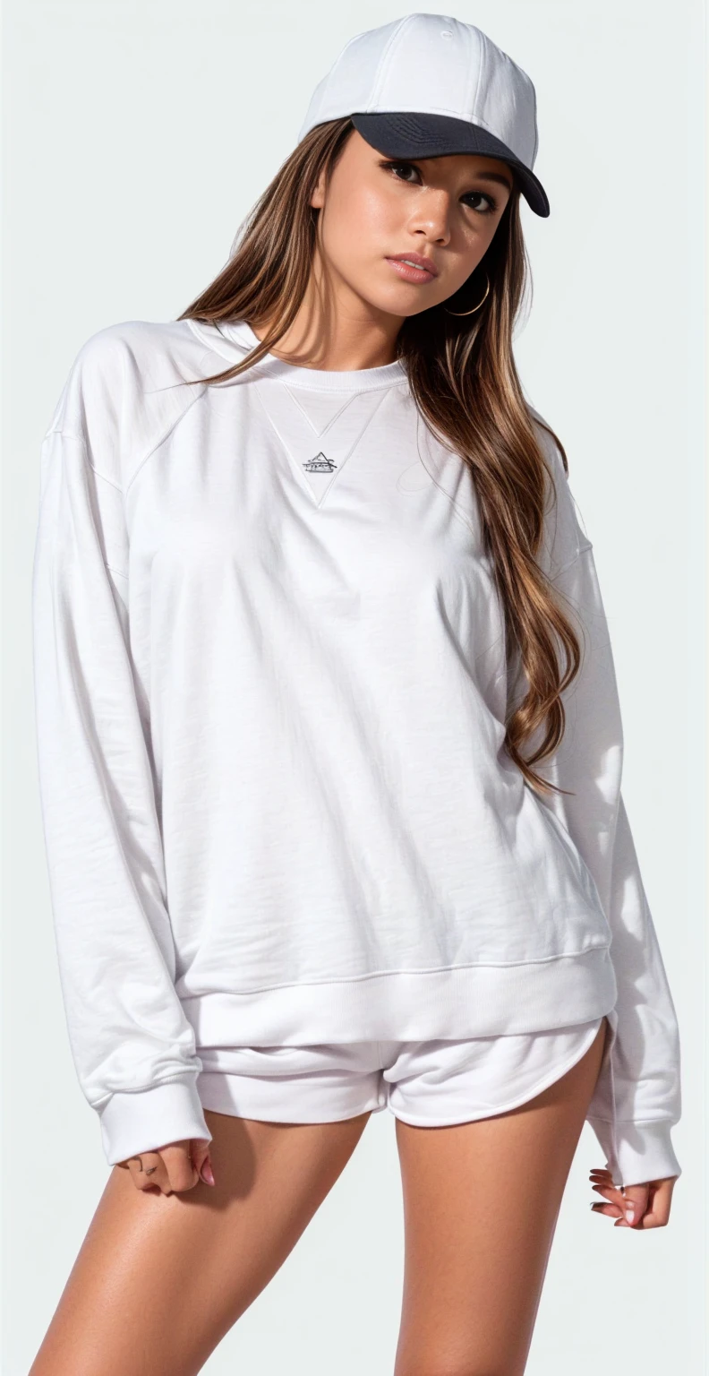 a woman wearing a white sweatshirt and shorts with a baseball cap, vestindo moletom, light cinza, designed for a cozy aesthetic!, cinza sweater, cinza, solid gray, moleton branco, Roupa casual, Roupas detalhadas, superdimensionado, wearing a cinza sweatshirt, Moletom cinza, moda casual, Manga compridas, Manga comprida, Julia Colina, light cinza