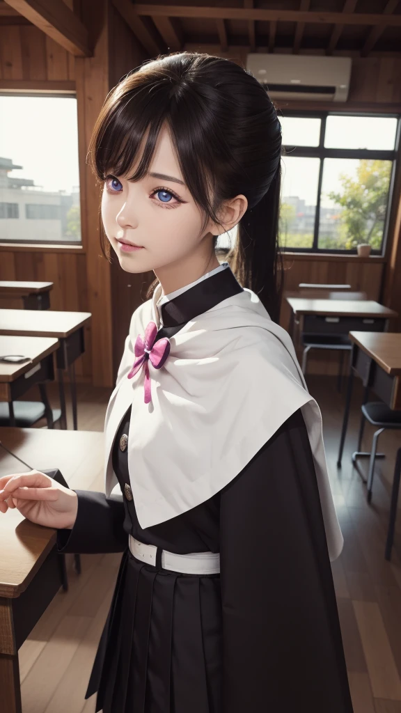 kanaotsuyuri, kanao tsuyuri, black hair, butterfly, butterfly hair ornament, (purple eyes:1.1), side ponytail, ponytail,
BREAK black skirt, cape, demon slayer uniform, long sleeves, pleated skirt, skirt, white cape,
BREAK looking at viewer,
BREAK indoors, classroom,
BREAK (masterpiece:1.2), best quality, high resolution, unity 8k wallpaper, (illustration:0.8), (beautiful detailed eyes:1.6), extremely detailed face, perfect lighting, extremely detailed CG, (perfect hands, perfect anatomy), looking at viewer