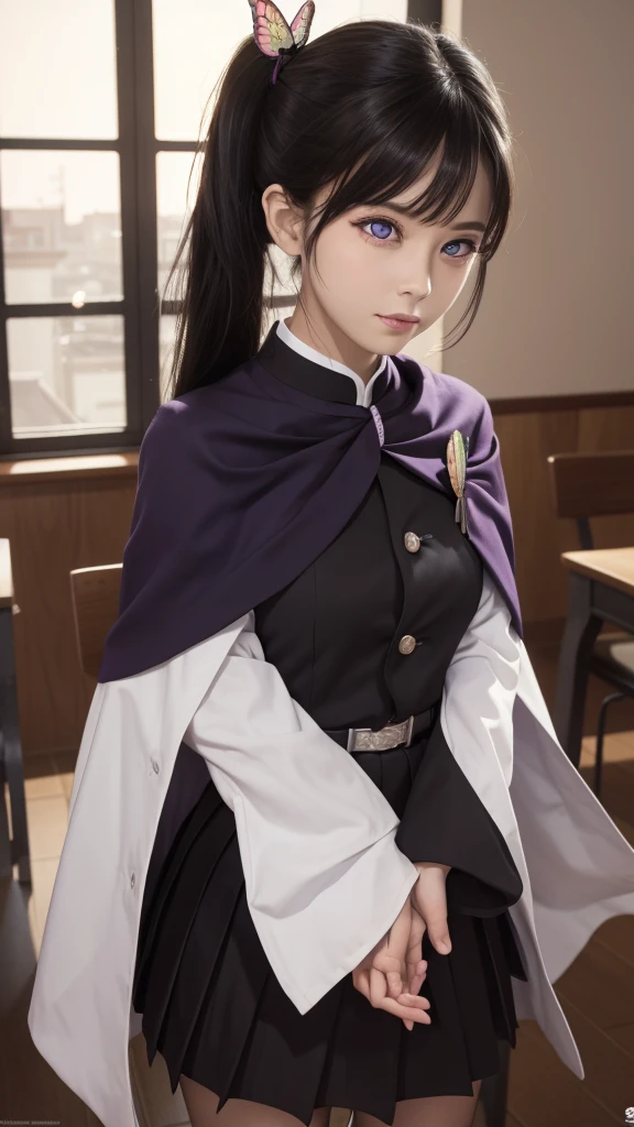 kanaotsuyuri, kanao tsuyuri, black hair, butterfly, butterfly hair ornament, (purple eyes:1.1), side ponytail, ponytail, 
BREAK black skirt, cape, demon slayer uniform, long sleeves, pleated skirt, skirt, white cape,
BREAK looking at viewer,
BREAK indoors, classroom,
BREAK (masterpiece:1.2), best quality, high resolution, unity 8k wallpaper, (illustration:0.8), (beautiful detailed eyes:1.6), extremely detailed face, perfect lighting, extremely detailed CG, (perfect hands, perfect anatomy), looking at viewer