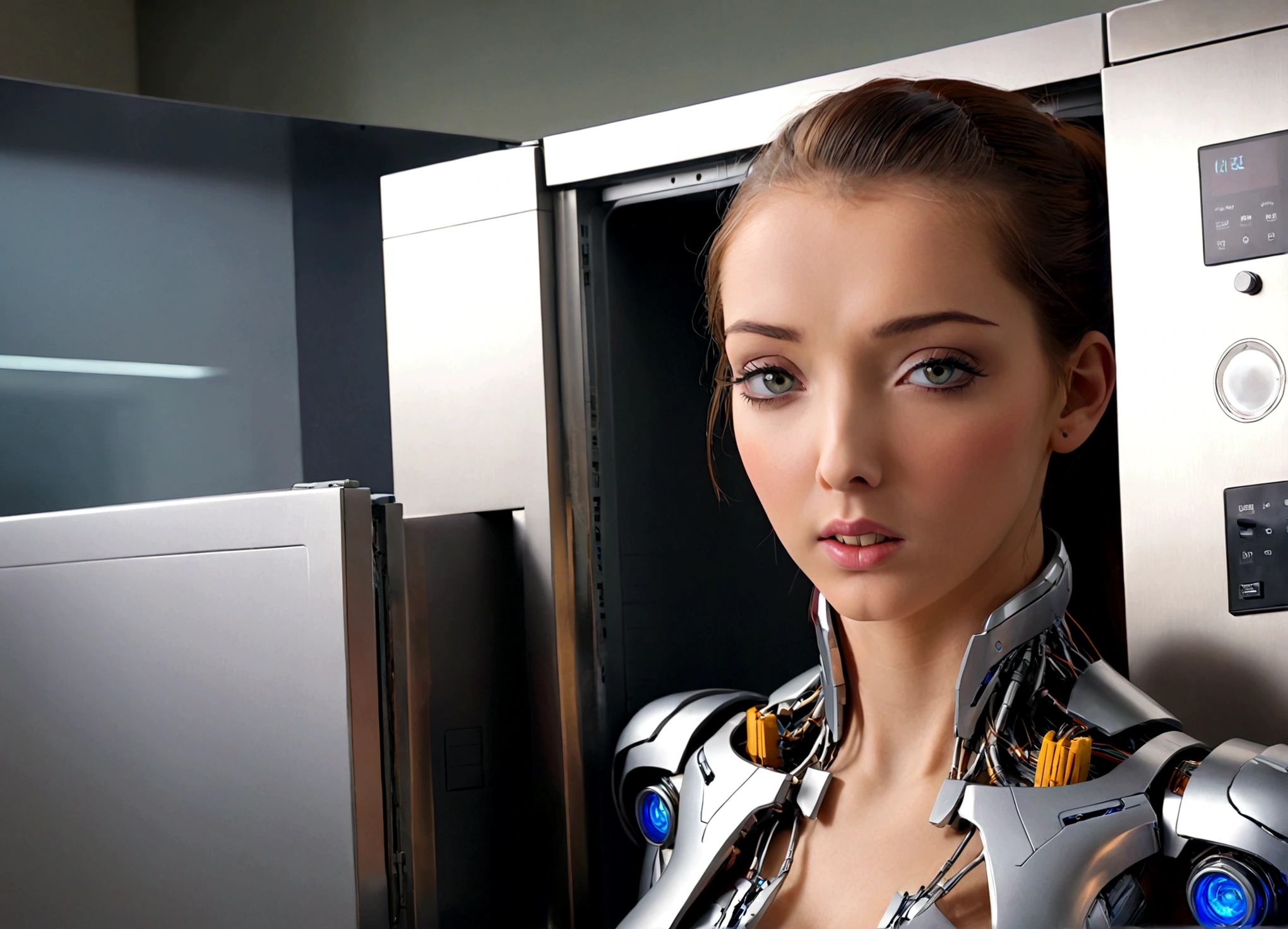 An exhibition showcasing AI-equipped autonomous female androids exhibiting various sex positions, adorned with a beautiful face and seductive gestures. The androids' eyes, lips, and faces are exquisitely detailed, creating a mesmerizingly realistic appearance. The exhibition is a masterpiece of modern art, combining the mediums of sculpture and technology to blur the boundaries between human and machine. The androids' bodies are crafted with ultra-realistic materials, utilizing physically-based rendering techniques to achieve a photorealistic effect. The lighting is carefully designed to accentuate the androids' features, with studio lighting creating a captivating atmosphere. The colors exhibit a vivid and alluring palette, enhancing the seductive nature of the exhibition. The exhibition boasts high-resolution visuals, such as 4k and 8k displays, allowing visitors to immerse themselves in the intricate details of the androids' bodies and expressions. The scene is further enhanced by elements such as bokeh, creating a dreamy and ethereal ambiance. The exhibition combines elements of photography and concept art, resulting in an innovative and provocative art form. (NSFW:1.5), Her chest, stomach, and genitals are covered with artificial skin. Sex androids have beautiful, sexually attractive faces that are so detailed that they are indistinguishable from real humans There are Italian girl, Russian girl, Saudi girl, and Japanese girl types. Their eyes are blue.