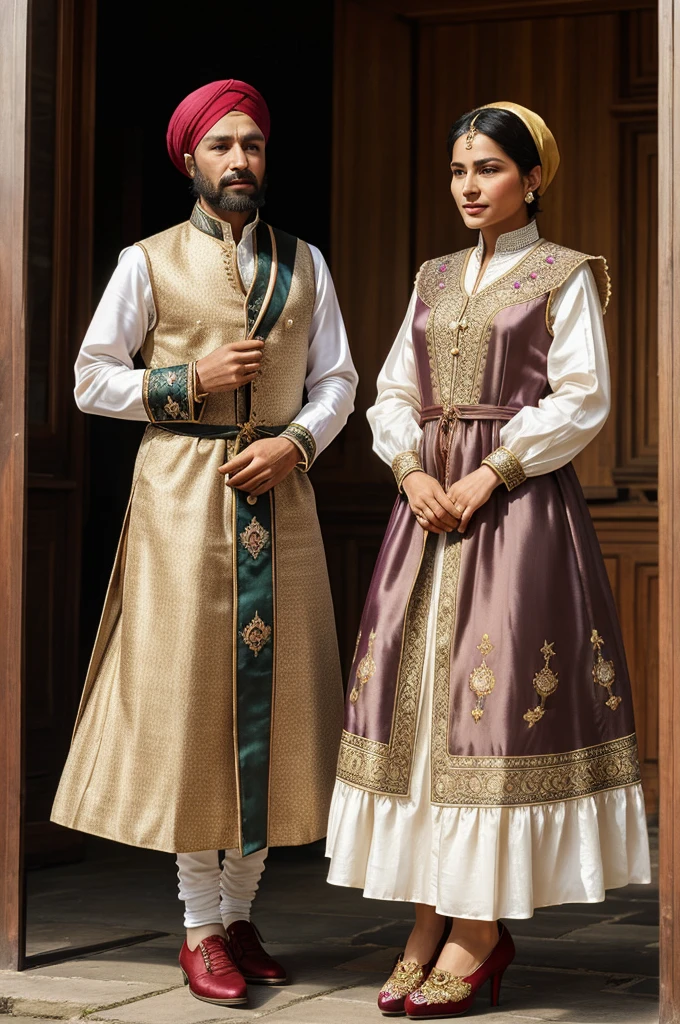 The kings often wore silk embroidered dresses or cotton dresses. They often wore waistcoats too. This was often paired with turbans and silk juthis (Shoes).