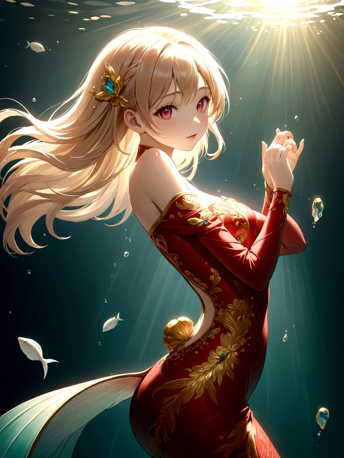 Ink portrait,Anime Girl,Beautiful Mermaid,Human fishtail,Noble and beautiful,HD picture,Three-dimensional ancient style,photography,figure,The underwater world,Rich and interesting,全身photography,Hajime,Sorayama,young and beautiful girl,Wearing a tight-fitting off-shoulder cheongsam,Delicate facial features,Fair skin and beautiful appearance,Gorgeous red clothes,Gemstones shine,avatar,The skin is delicate and rosy,Gold decoration,Colorful,Close-up of face,Close-up of the eyes,High-definition quality,Shooting angle shallow depth of field,transparent的水晶,transparent,Ray rendering,Gold edge glass texture,Backlight,Clear focus,artistic conception,poetry,Bright colors,Strong contrast,A museum masterpiece,high resolution,Fine details,Exquisite rendering,Astonishing,light追逐,light,Sharp focus,Dynamic poses,极为细致的figure突出,Color curve