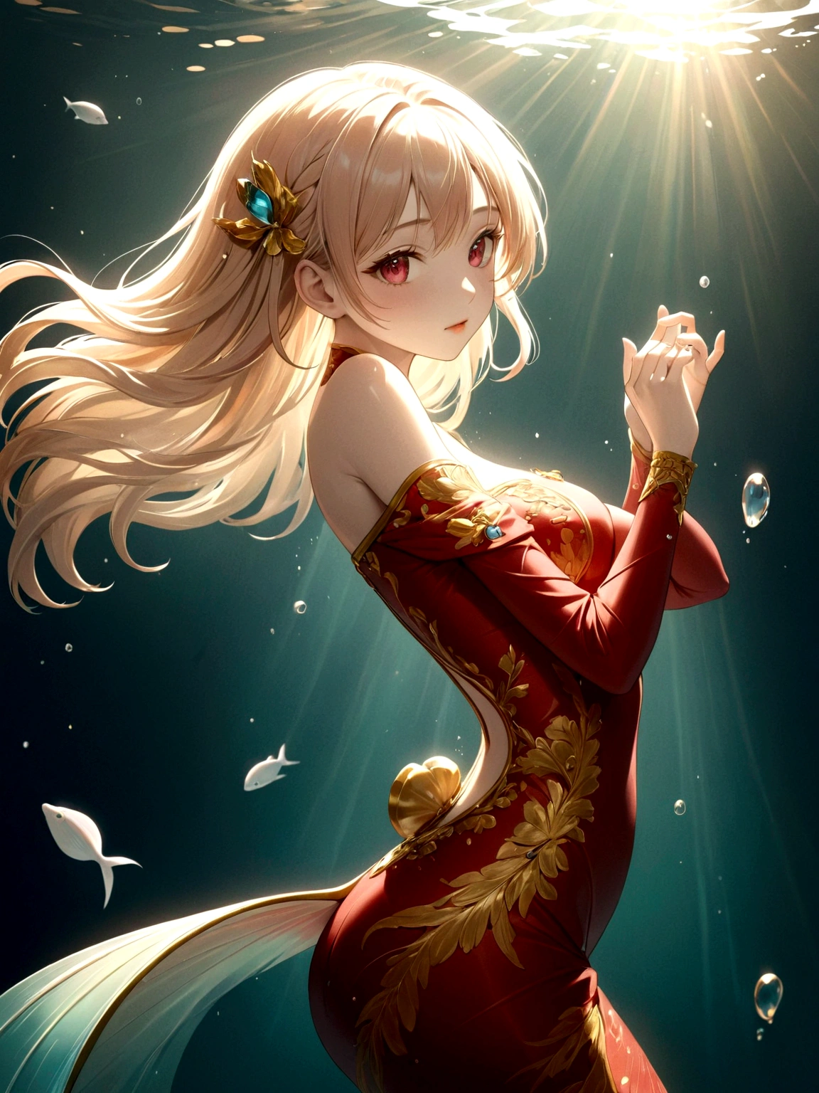 Ink portrait,Anime Girl,Beautiful Mermaid,Human fishtail，Noble and beautiful,HD picture,Three-dimensional ancient style,photography,figure,The underwater world,Rich and interesting,全身photography，Hajime,Sorayama,young and beautiful girl,Wearing a tight-fitting off-shoulder cheongsam,Delicate facial features,Fair skin and beautiful appearance,Gorgeous red clothes,Gemstones shine,avatar,The skin is delicate and rosy,Gold decoration,Colorful,Close-up of face,Close-up of the eyes,High-definition quality,Shooting angle shallow depth of field,transparent的水晶,transparent,Ray rendering,Gold edge glass texture,Backlight,Clear focus,artistic conception,poetry,Bright colors,Strong contrast,A museum masterpiece,high resolution,Fine details,Exquisite rendering,Astonishing,light追逐,light,Sharp focus,Dynamic poses,极为细致的figure突出,Color curve