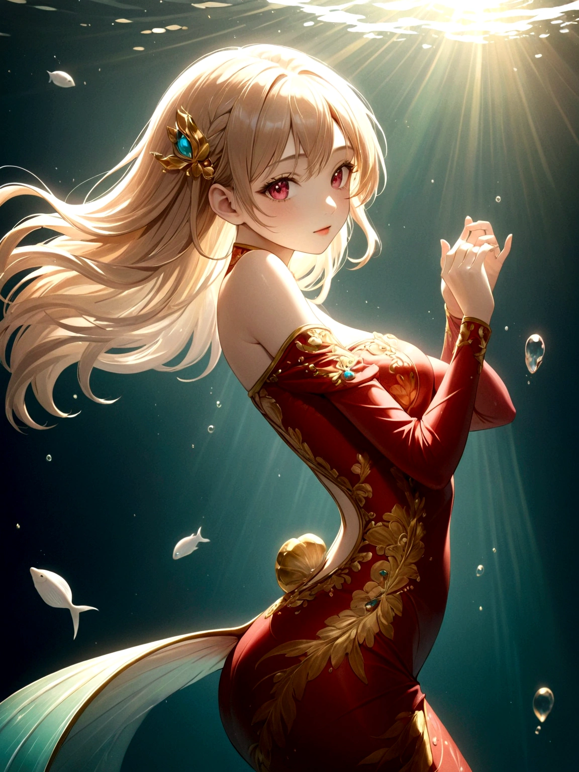 Ink portrait,Anime Girl,Beautiful Mermaid,Human fishtail,Noble and beautiful,HD picture,Three-dimensional ancient style,photography,figure,The underwater world,Rich and interesting,全身photography,Hajime,Sorayama,young and beautiful girl,Wearing a tight-fitting off-shoulder cheongsam,Delicate facial features,Fair skin and beautiful appearance,Gorgeous red clothes,Gemstones shine,avatar,The skin is delicate and rosy,Gold decoration,Colorful,Close-up of face,Close-up of the eyes,High-definition quality,Shooting angle shallow depth of field,transparent的水晶,transparent,Ray rendering,Gold edge glass texture,Backlight,Clear focus,artistic conception,poetry,Bright colors,Strong contrast,A museum masterpiece,high resolution,Fine details,Exquisite rendering,Astonishing,light追逐,light,Sharp focus,Dynamic poses,极为细致的figure突出,Color curve