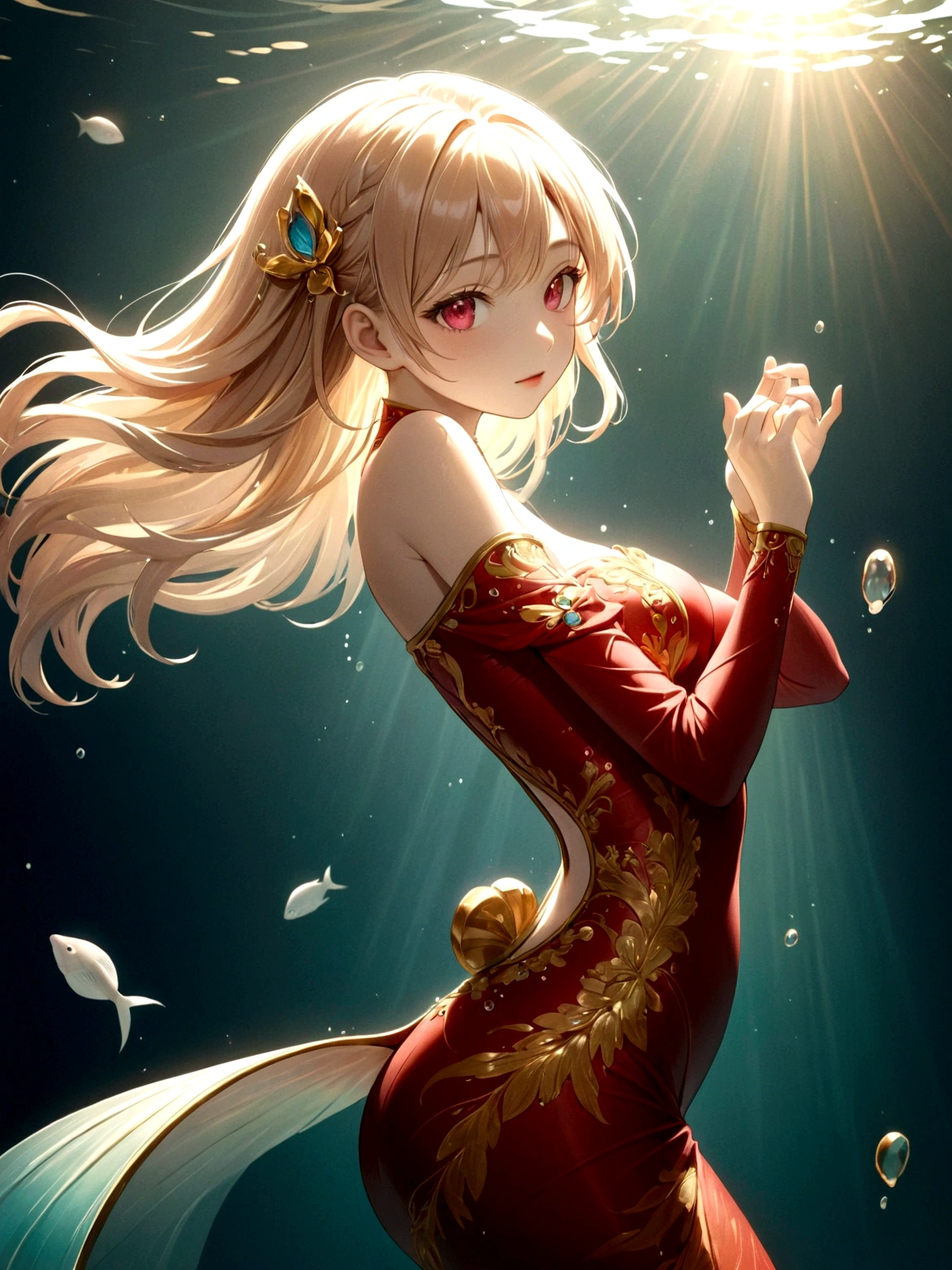 Ink portrait,Anime Girl,Beautiful Mermaid,Human fishtail,Noble and beautiful,HD picture,Three-dimensional ancient style,photography,figure,The underwater world,Rich and interesting,全身photography,Hajime,Sorayama,young and beautiful girl,Wearing a tight-fitting off-shoulder cheongsam,Delicate facial features,Fair skin and beautiful appearance,Gorgeous red clothes,Gemstones shine,avatar,The skin is delicate and rosy,Gold decoration,Colorful,Close-up of face,Close-up of the eyes,High-definition quality,Shooting angle shallow depth of field,transparent的水晶,transparent,Ray rendering,Gold edge glass texture,Backlight,Clear focus,artistic conception,poetry,Bright colors,Strong contrast,A museum masterpiece,high resolution,Fine details,Exquisite rendering,Astonishing,light追逐,light,Sharp focus,Dynamic poses,极为细致的figure突出,Color curve
