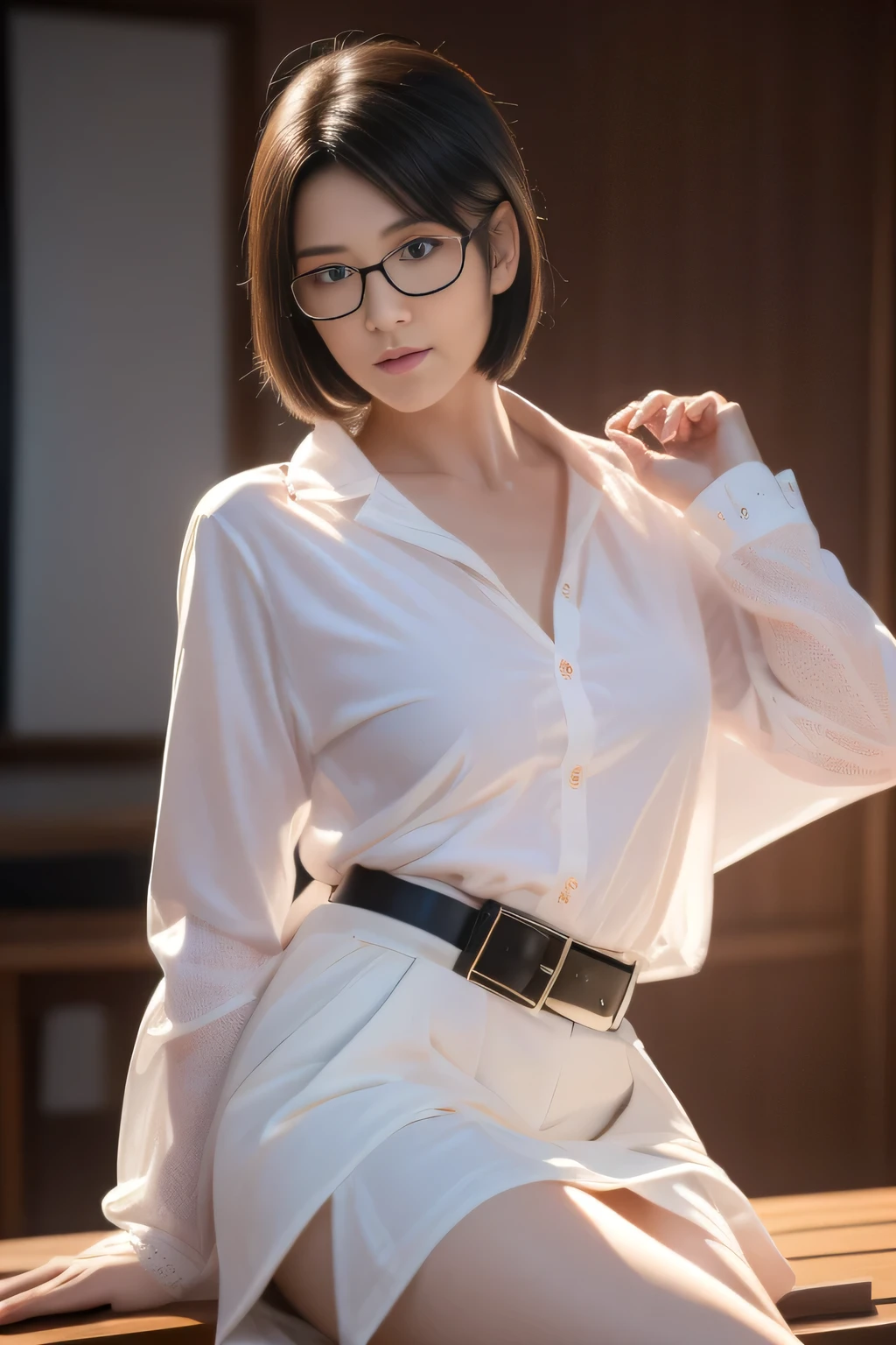 (masterpiece, best quality: 1.2), night(Chainsaw Man),(very detailed face, real image, Realistic skin, Realistic body, Intricate details), Red Eyes (Intimidating appearance), faint blush, Social Clothing, Half-open button shirt (White&#39;s), White, skirt (Black), Black belt with buckle, short hair, Glasses, Small Breasts, close up, thigh, classroom, Blackboard.